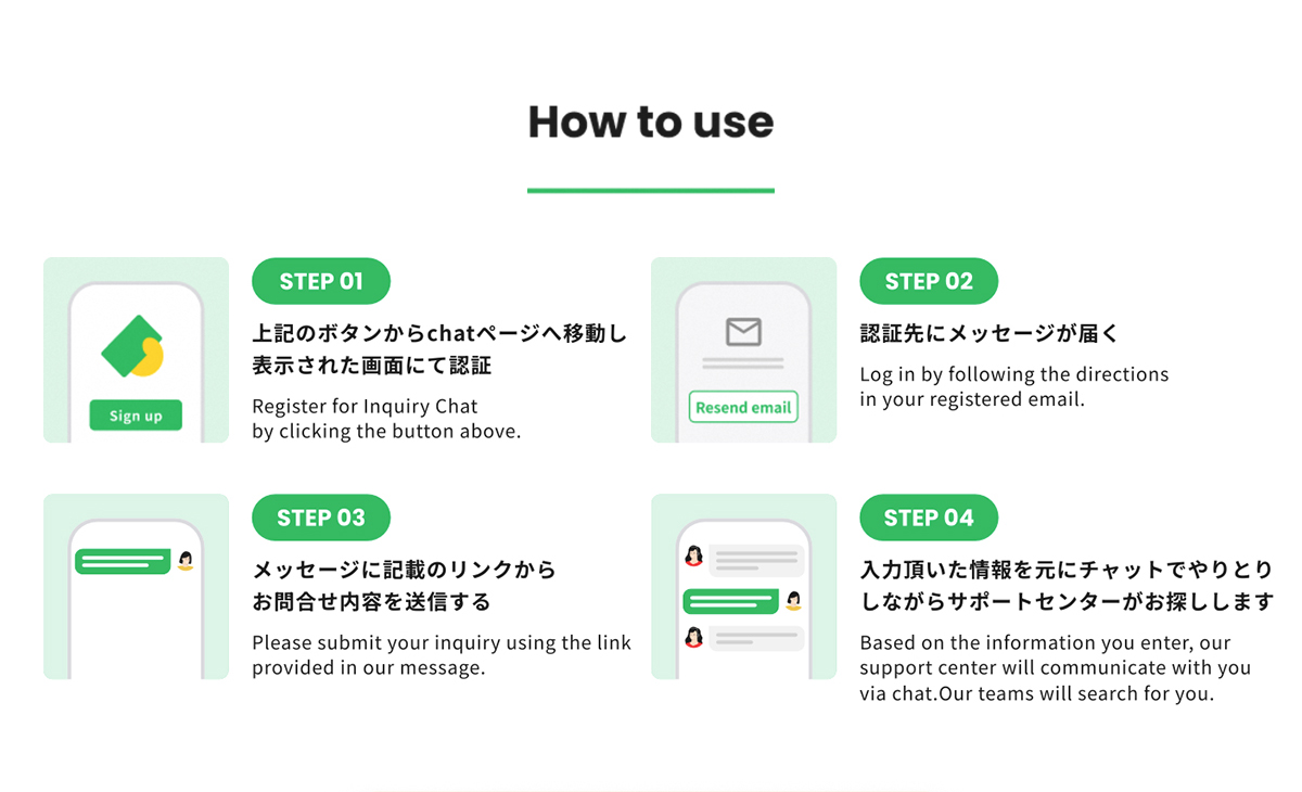 How to use /  STEP1: Register for Inquiry Chat by clicking the button above. STEP2: Log in by following the directions in your registered email. STEP3: Please submit your inquiry using the link provided in our message. STEP4: Based on the information you enter, our support center will communicate with you via chat. Our teams will search for you.