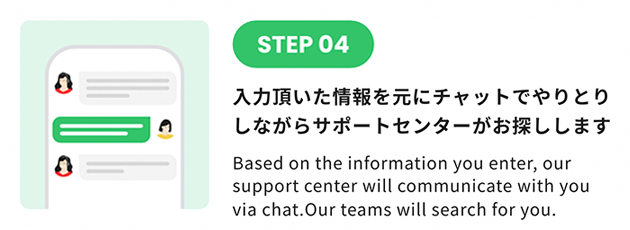 STEP4: Based on the information you enter, our support center will communicate with you via chat. Our teams will search for you.